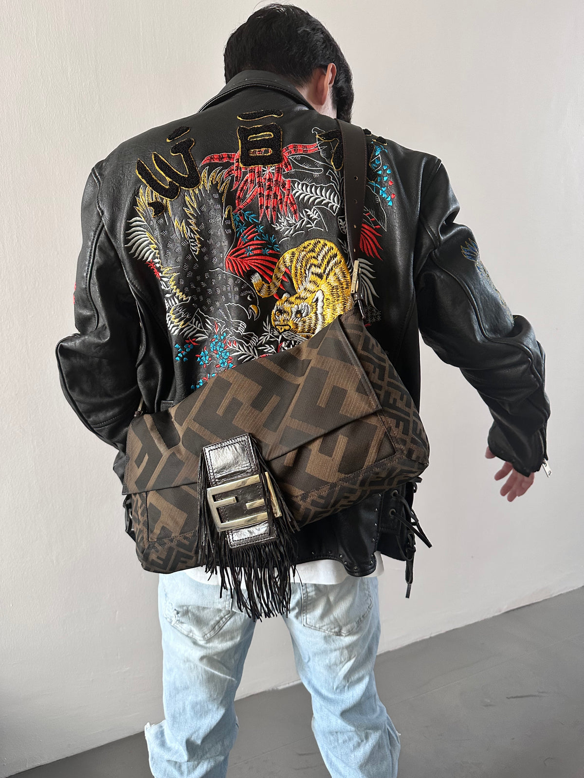 Archive Fendi Maxi Tobacco Zucca Fringe Baguette