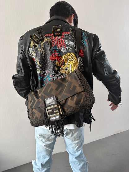 Archive Fendi Maxi Tobacco Zucca Fringe Baguette