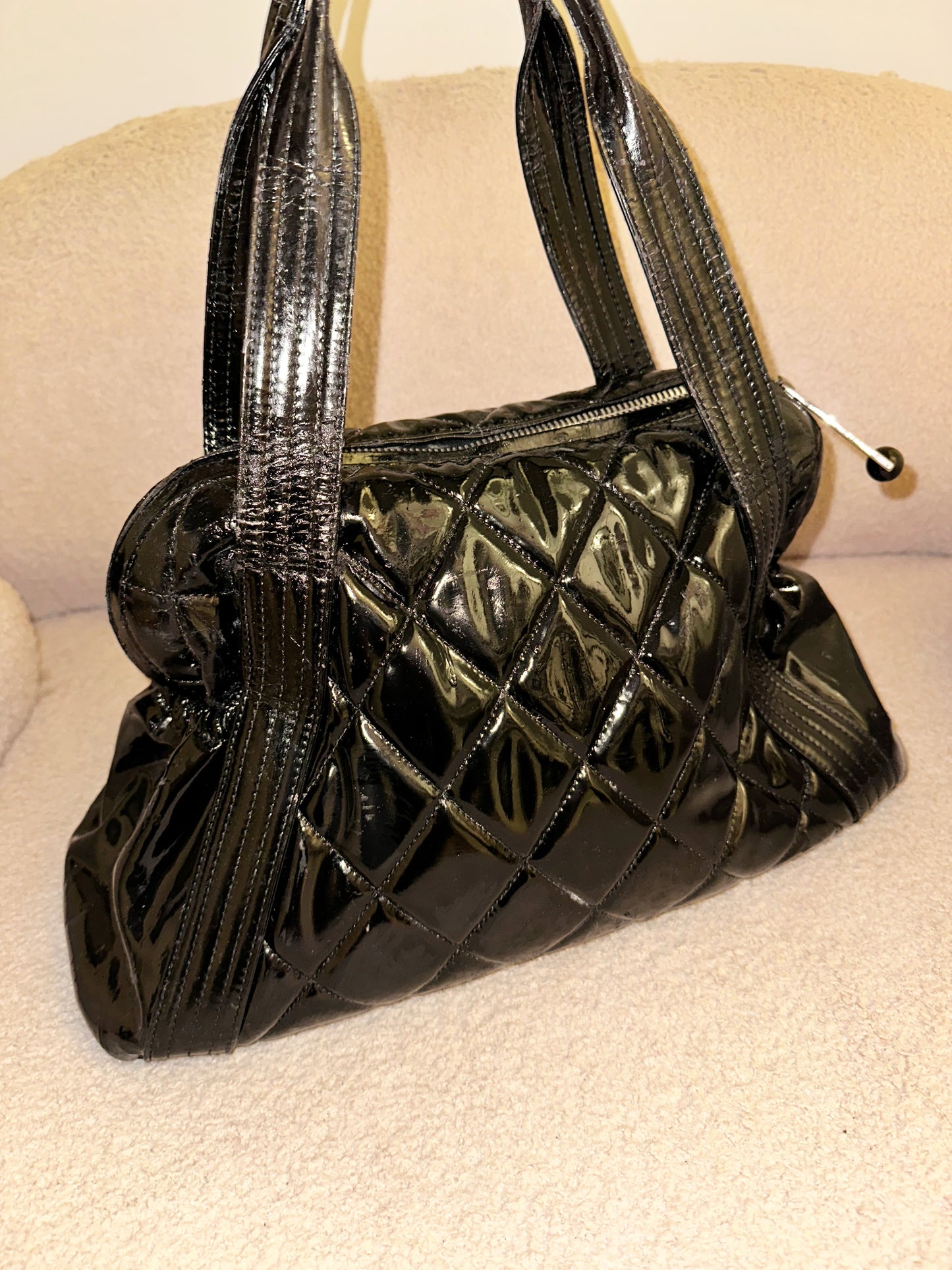 Chanel Large Ligne Bowling Shoulder Tote - Black Patent