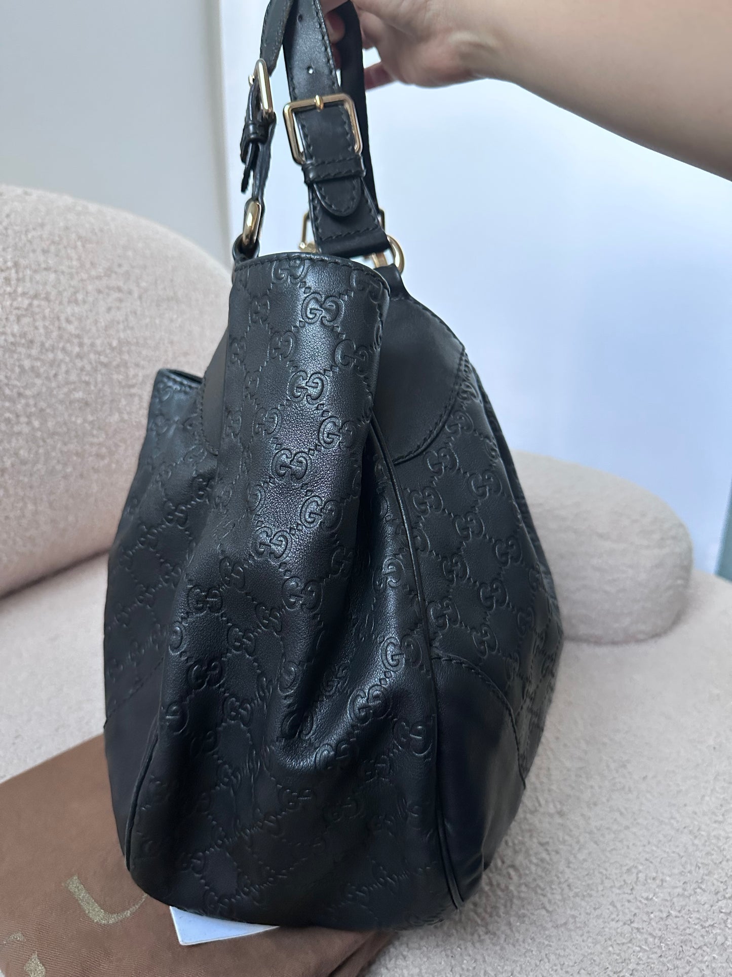 Gucci Guccissima Charlotte Large Hobo Bag with Black / Gold Tone GG Logo