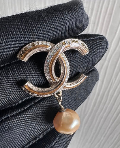 Chanel Dangling Pearl Brooch Bronze Crystals