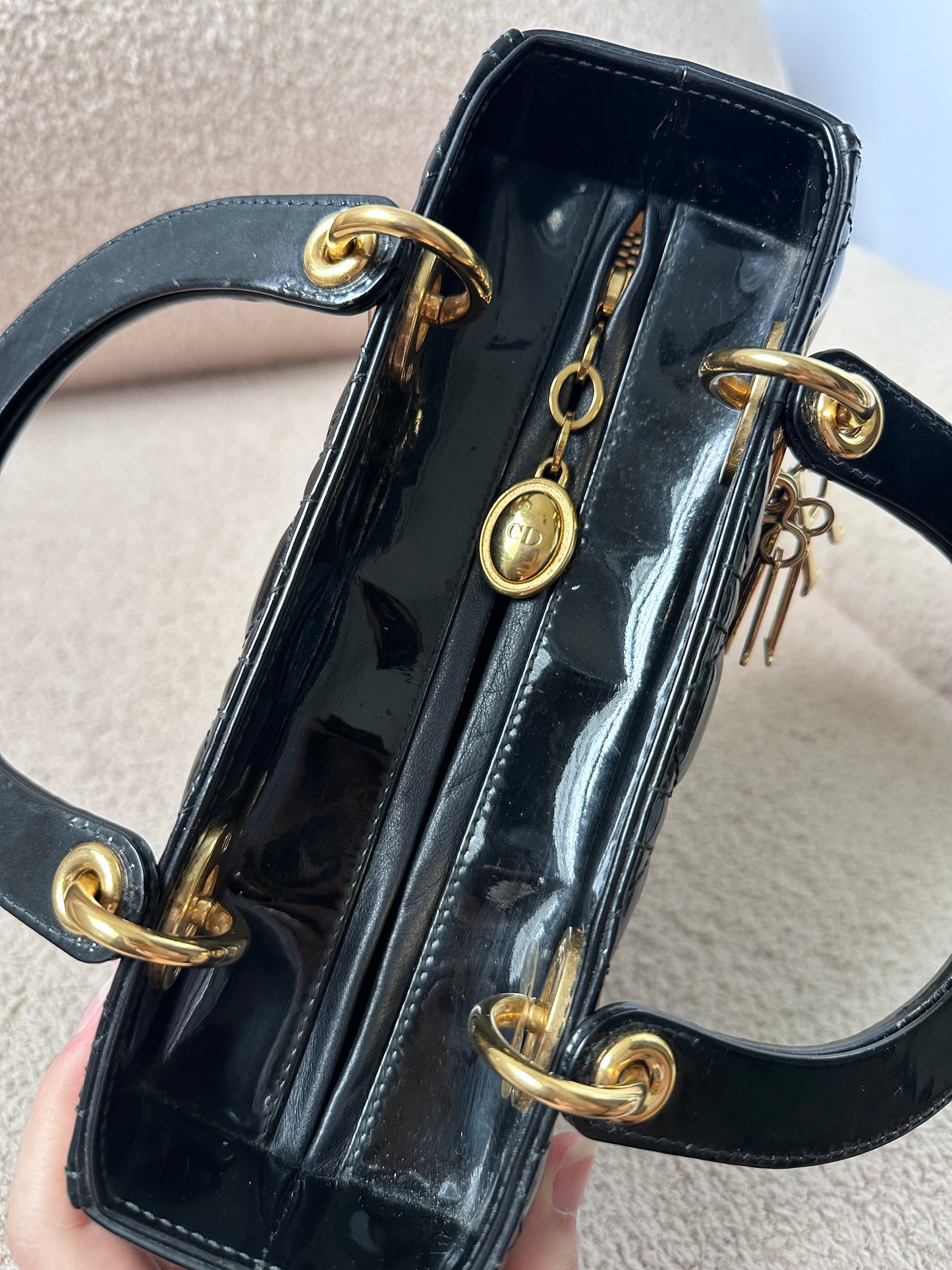 Christian Dior Lady Dior Medium Black Patent Gold Hardware