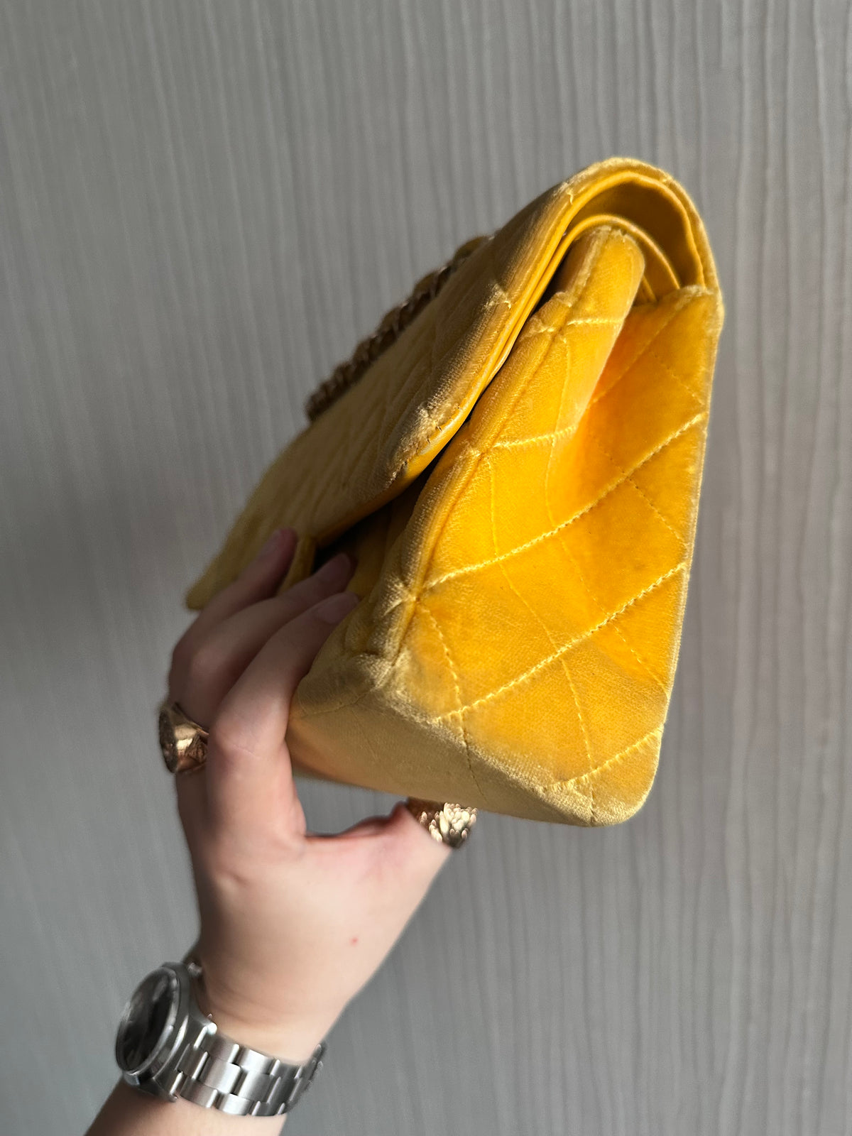 Chanel Medium Classic Flap Yellow Velvet Leather