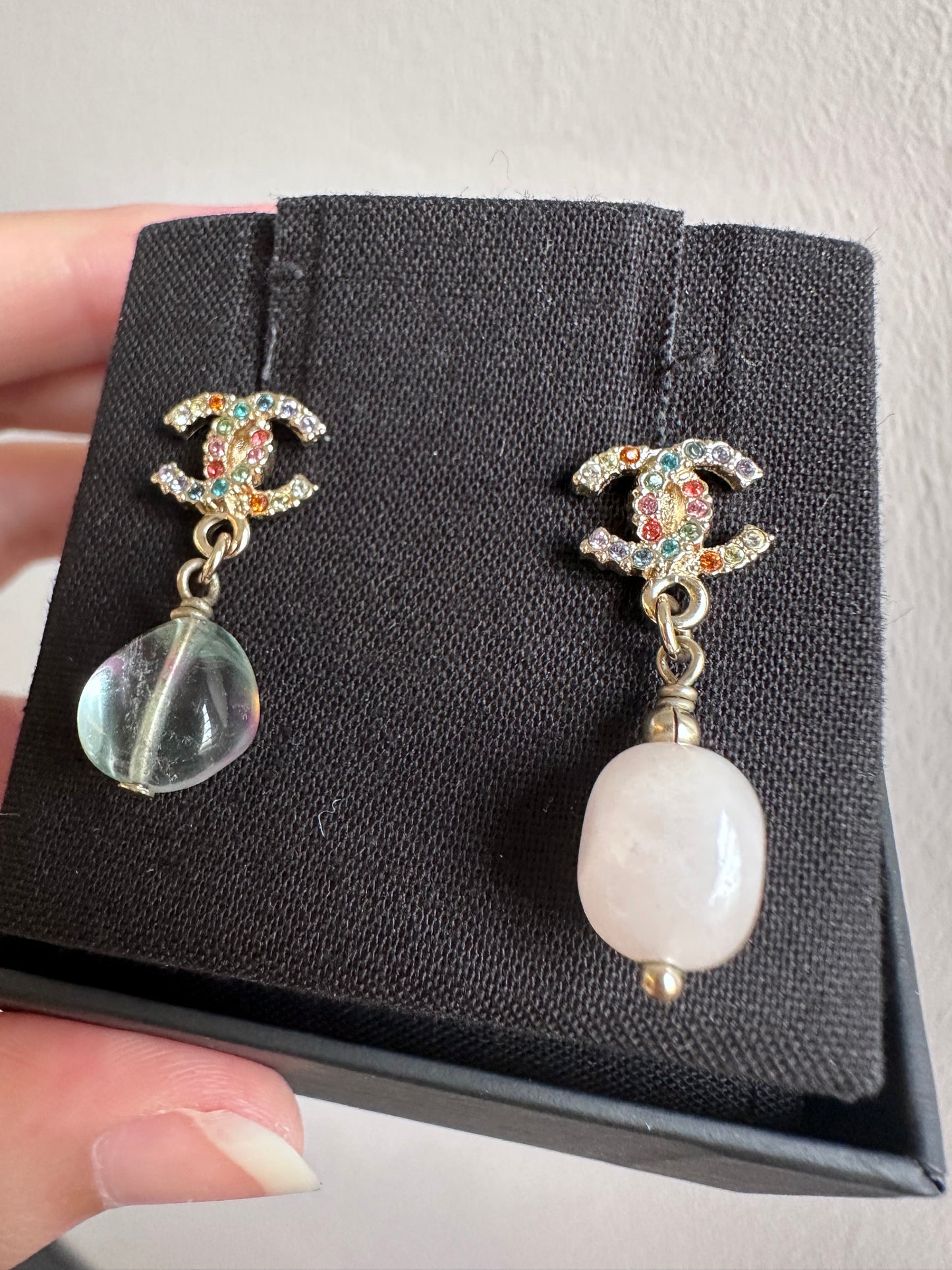Rare Chanel Rainbow Crystal CC Drop Dangling Earrings