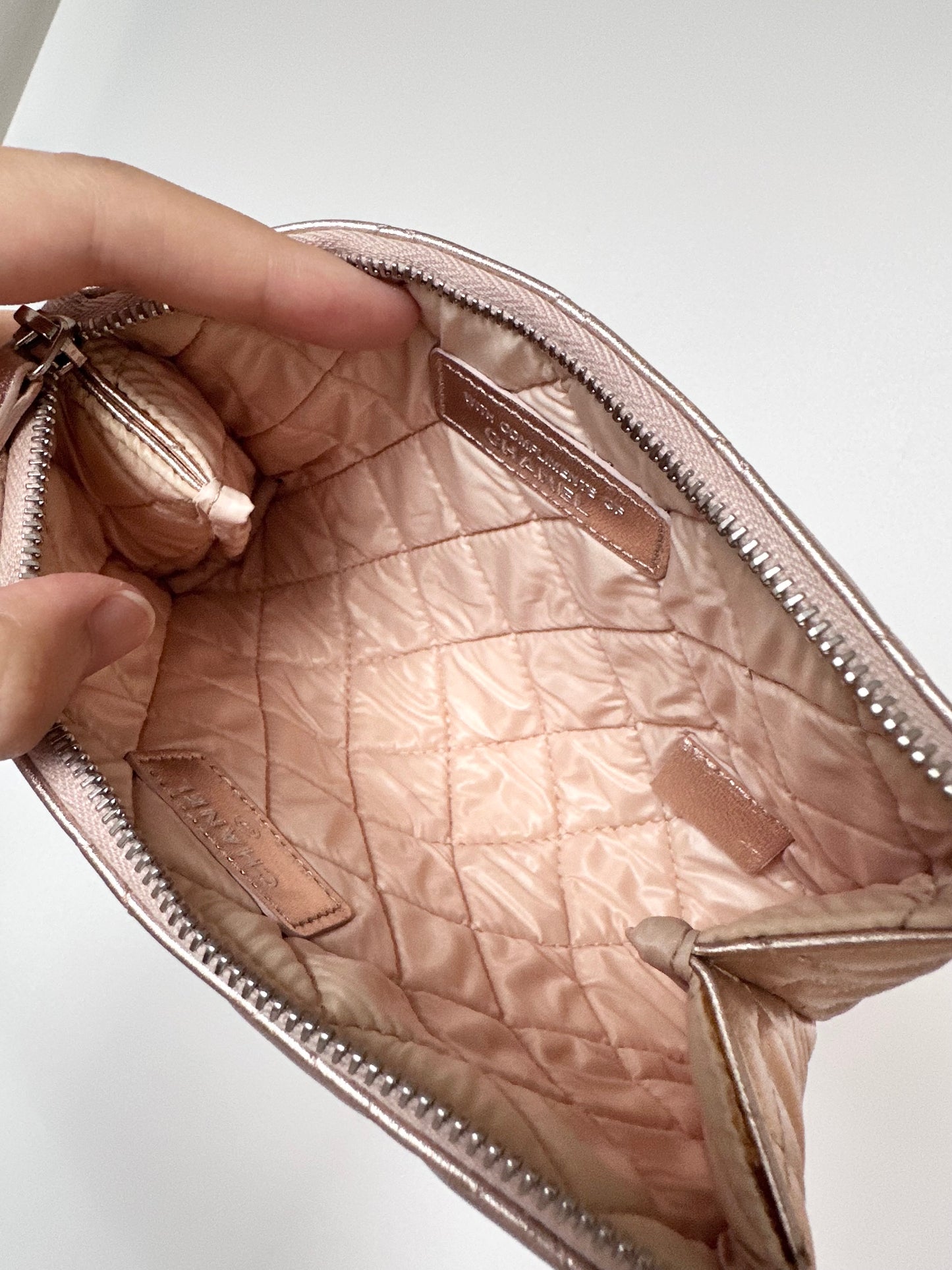Chanel Quilted O Case Metallic Pink Rose Gold Zip Pouch