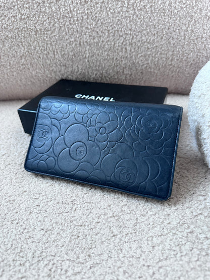 Chanel Long Flap Camellia Bifold Wallet - Navy Lambskin Silver Hardware