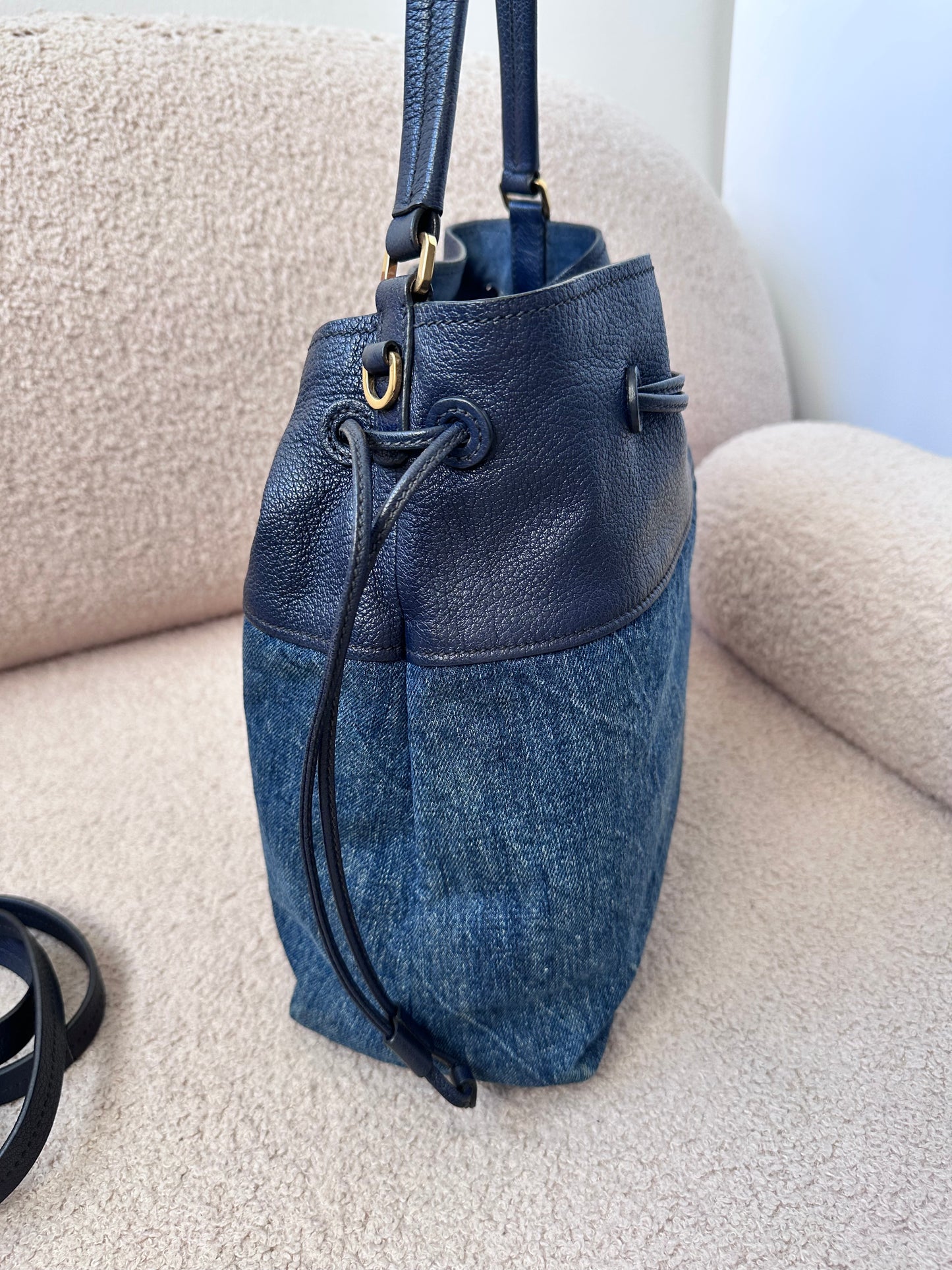 Miu Miu Leather Denim Drawstring Shoulder Bag