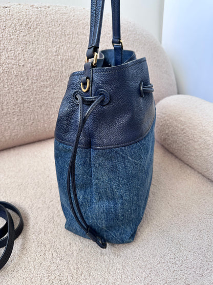 Miu Miu Leather Denim Drawstring Shoulder Bag