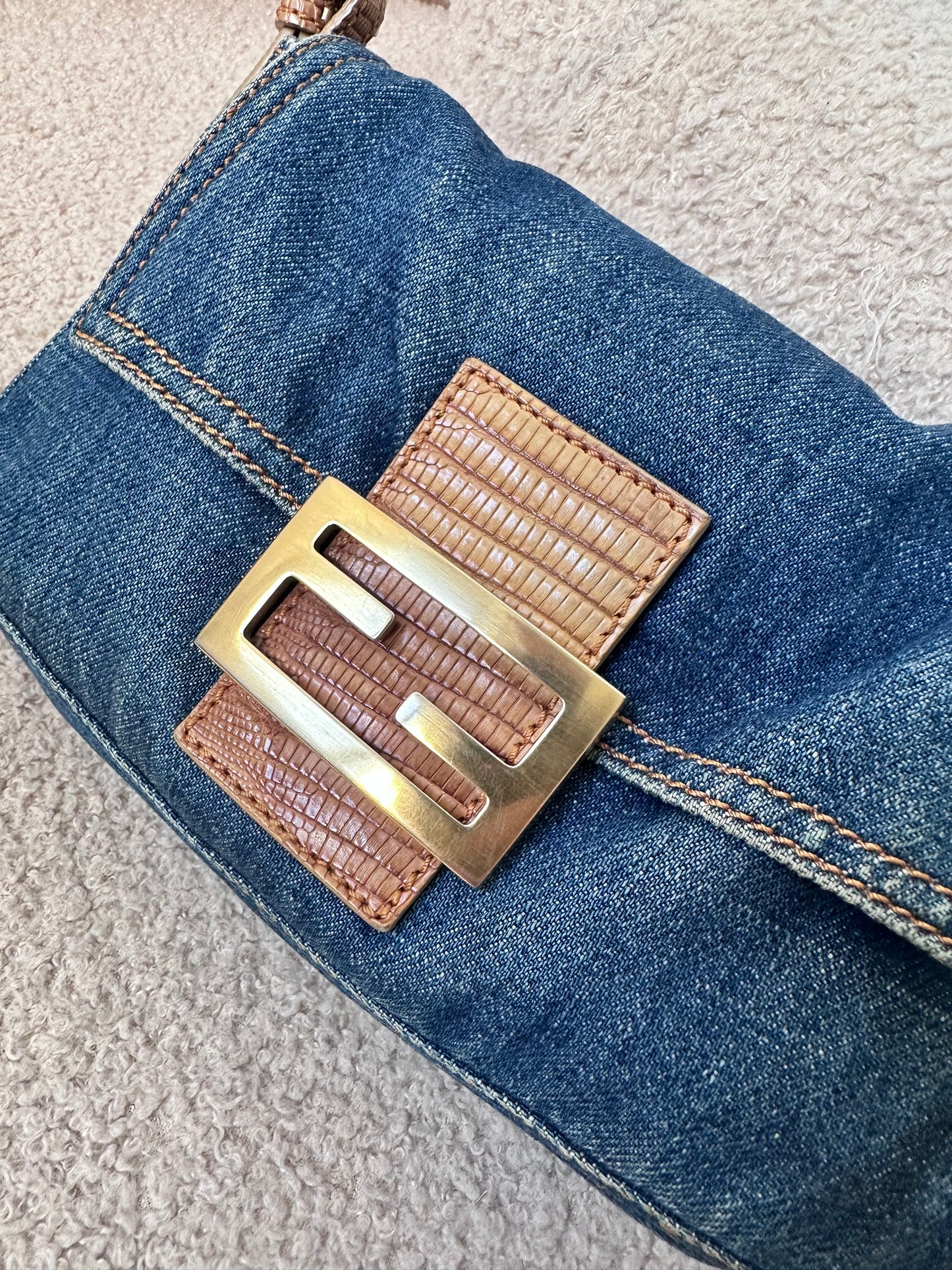 Fendi Vintage Blue Denim Lizard Trim Baguette