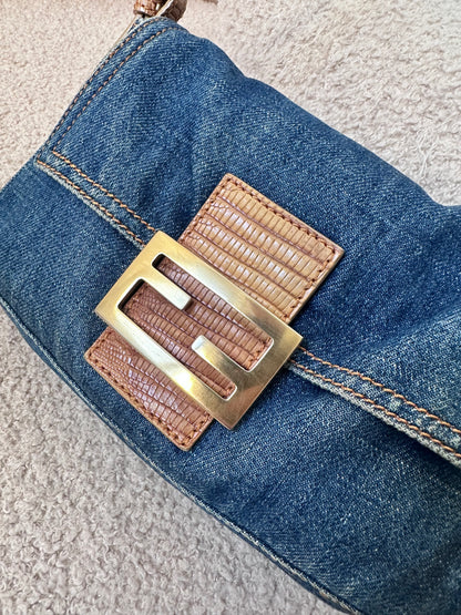 Fendi Vintage Blue Denim Lizard Trim Baguette