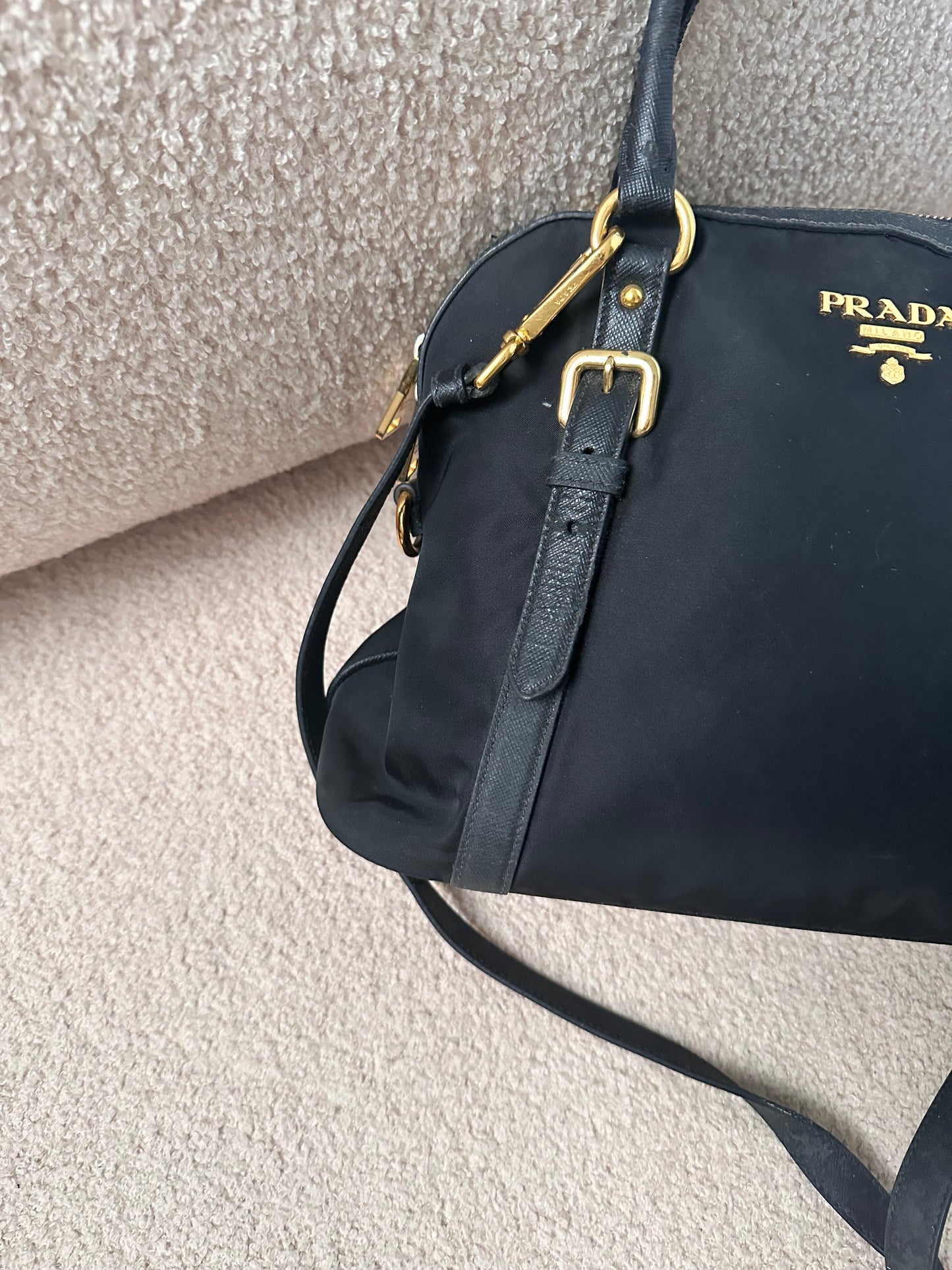 Prada Black Tessuto Leather Trim Top Handle Bag with Strap
