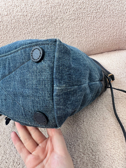 Miu Miu Leather Denim Drawstring Shoulder Bag