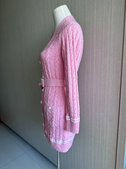Chanel 22P Long Belted Pink Knit Cardigan