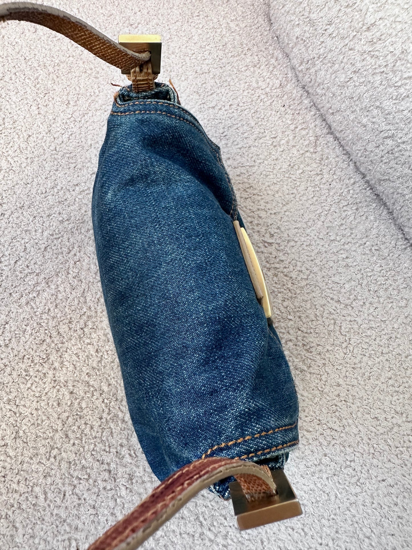 Fendi Vintage Blue Denim Lizard Trim Baguette