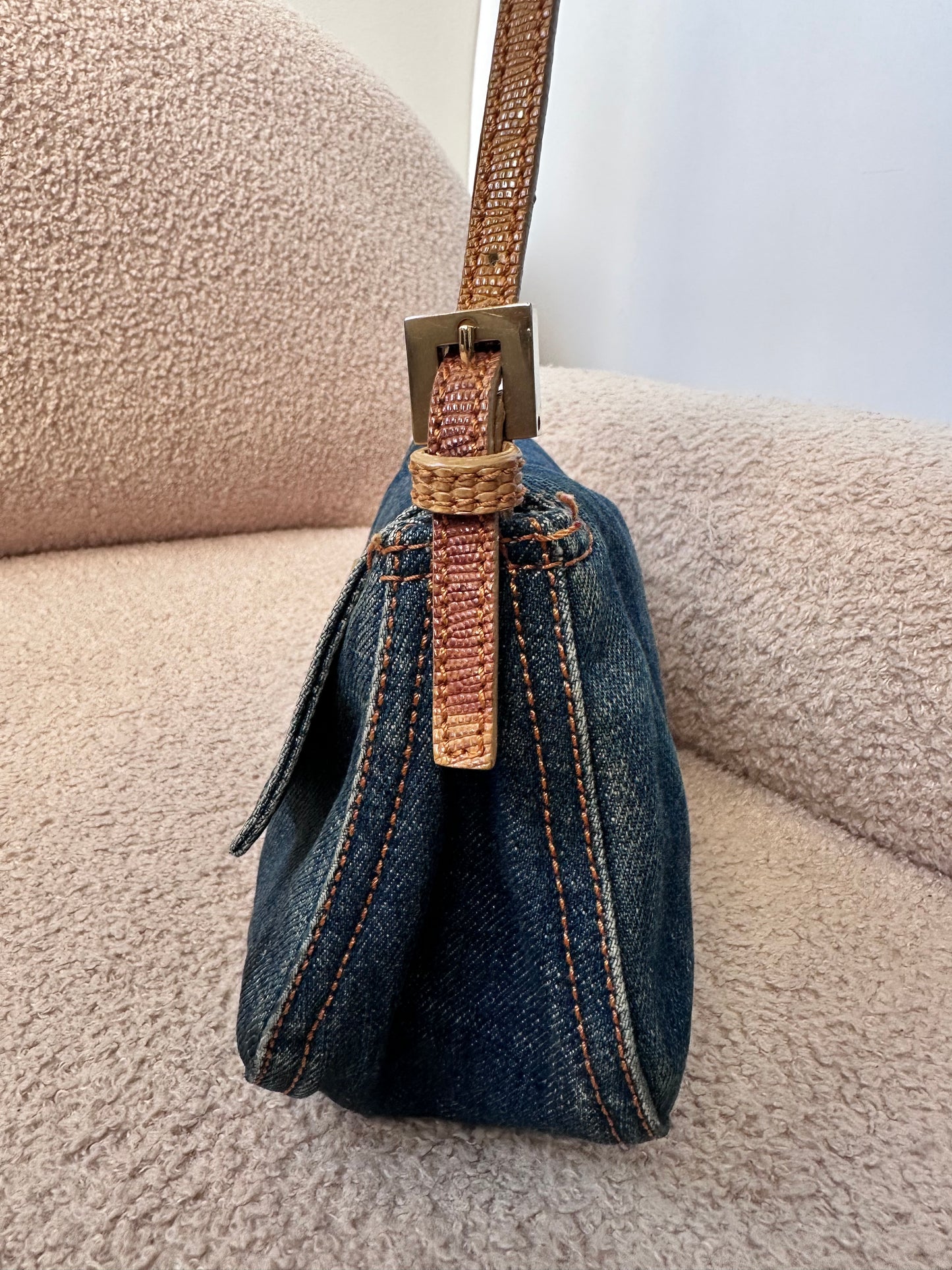 Fendi Vintage Blue Denim Lizard Trim Baguette