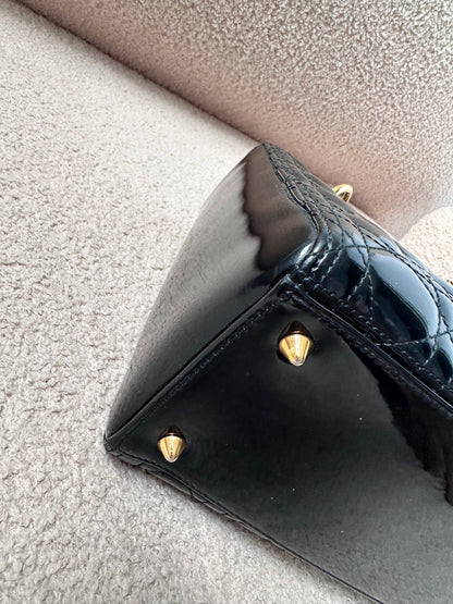 Christian Dior Lady Dior Medium Black Patent Gold Hardware