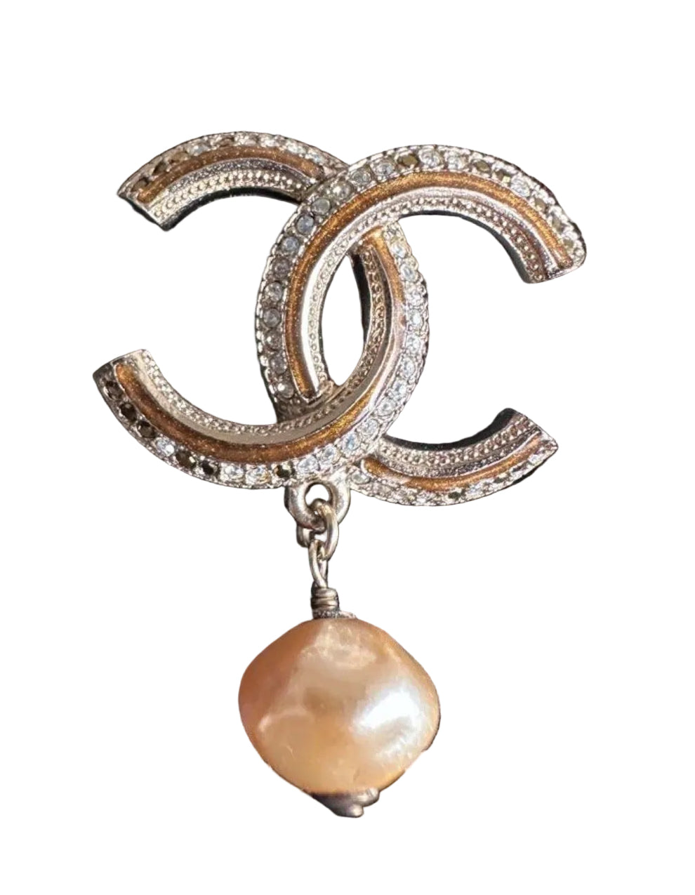 Chanel Dangling Pearl Brooch Bronze Crystals