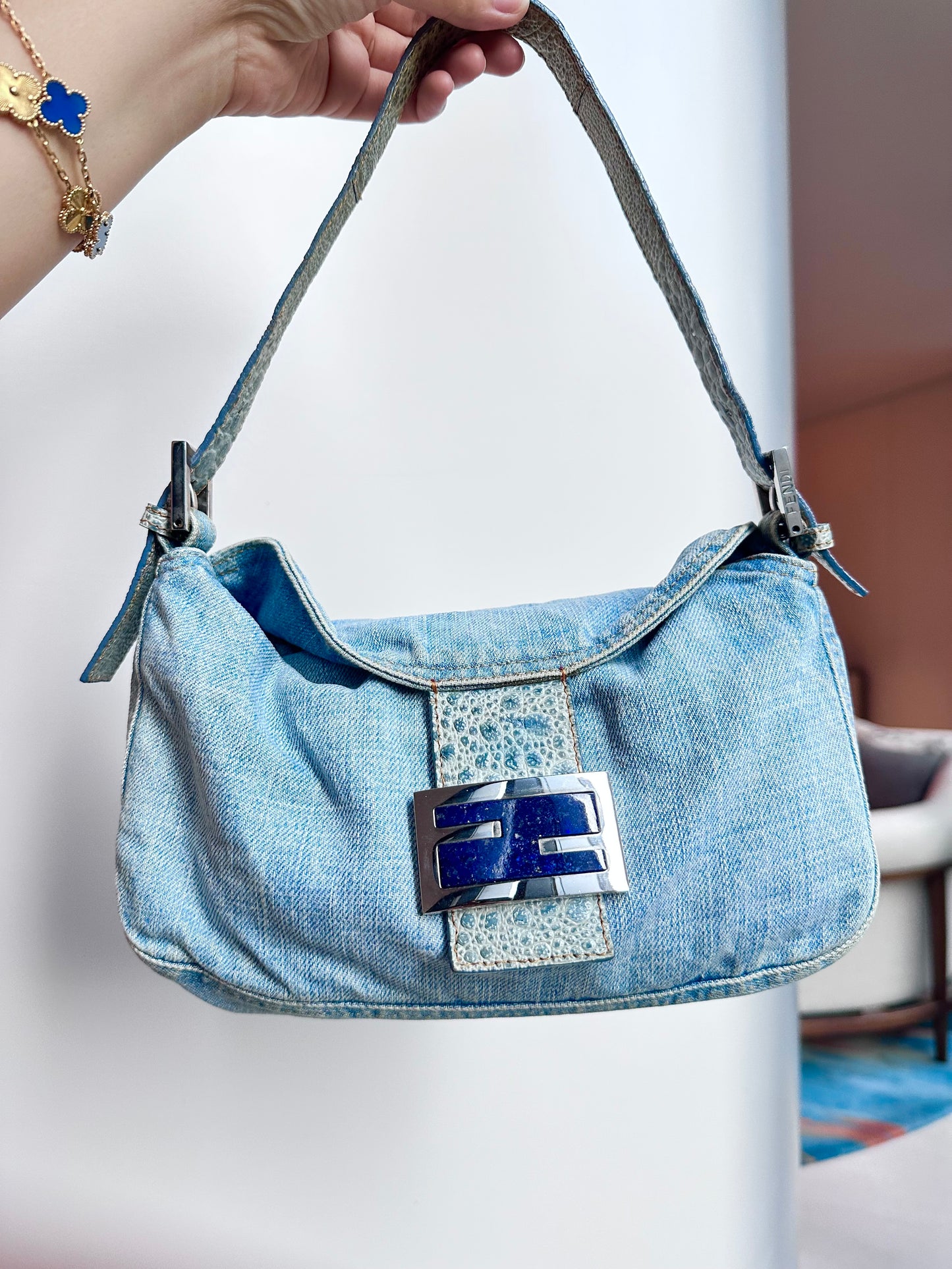 Fendi Denim Lapis Lazuli Exotic Leather Baguette