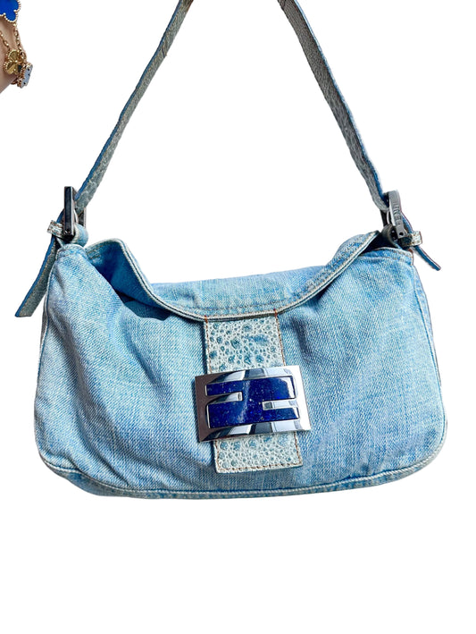 Fendi Denim Lapis Lazuli Exotic Leather Baguette