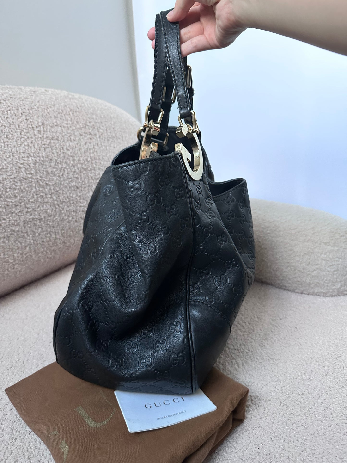 Gucci Guccissima Charlotte Large Hobo Bag with Black / Gold Tone GG Logo