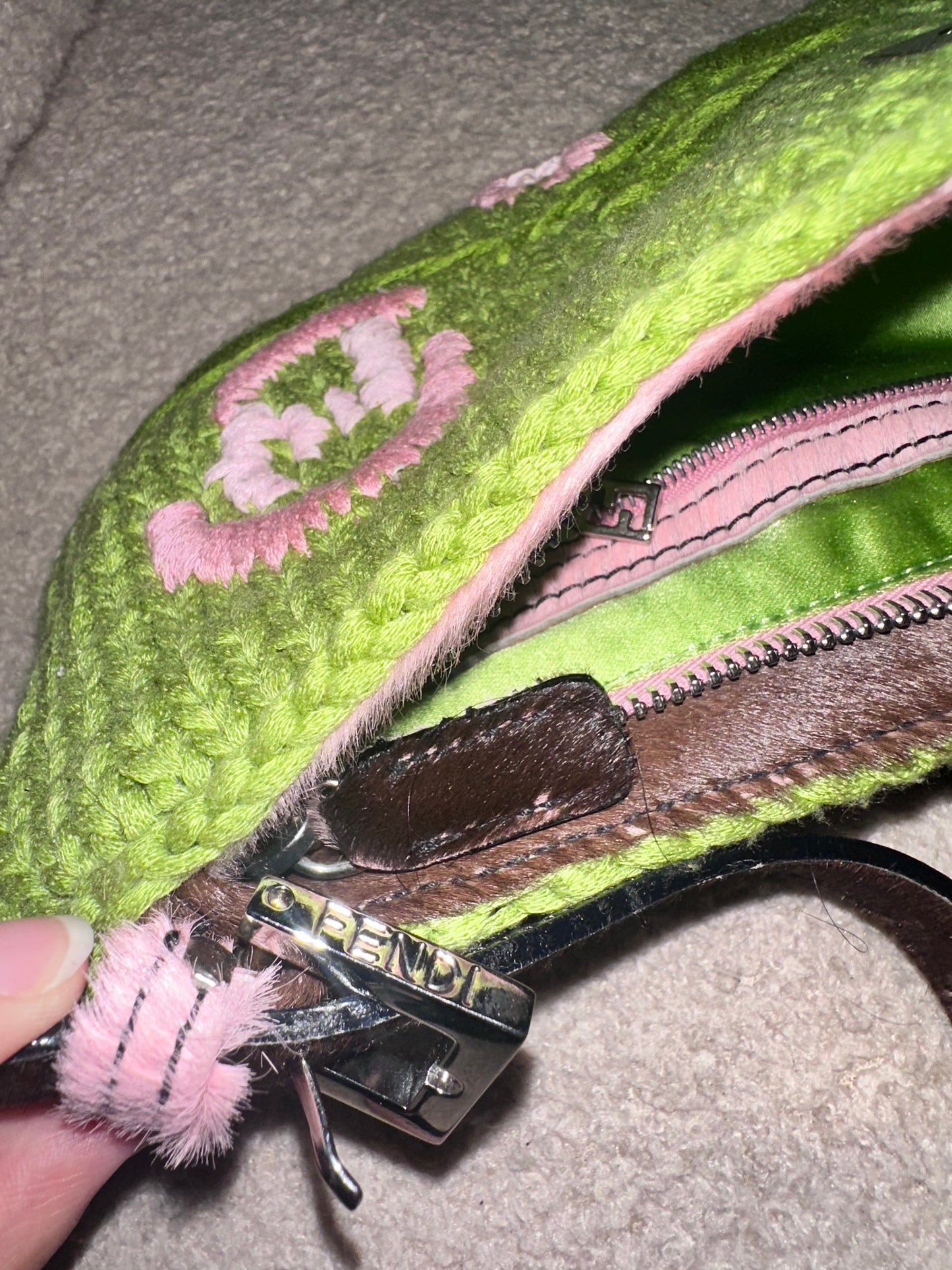 Ultra Rare Fendi Archive Crochet Floral Pony Hair Cow Print Baguette