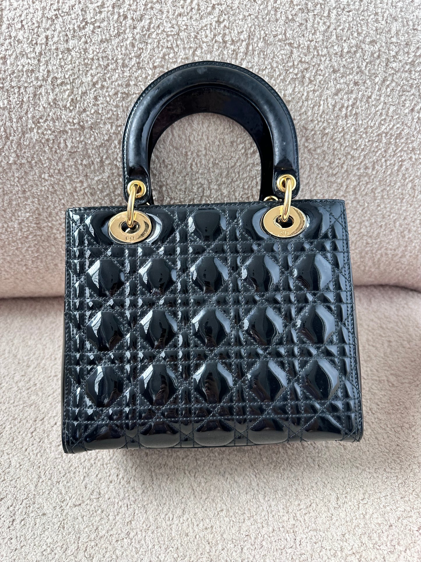 Christian Dior Lady Dior Medium Black Patent Gold Hardware