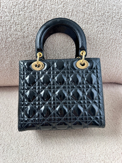 Christian Dior Lady Dior Medium Black Patent Gold Hardware