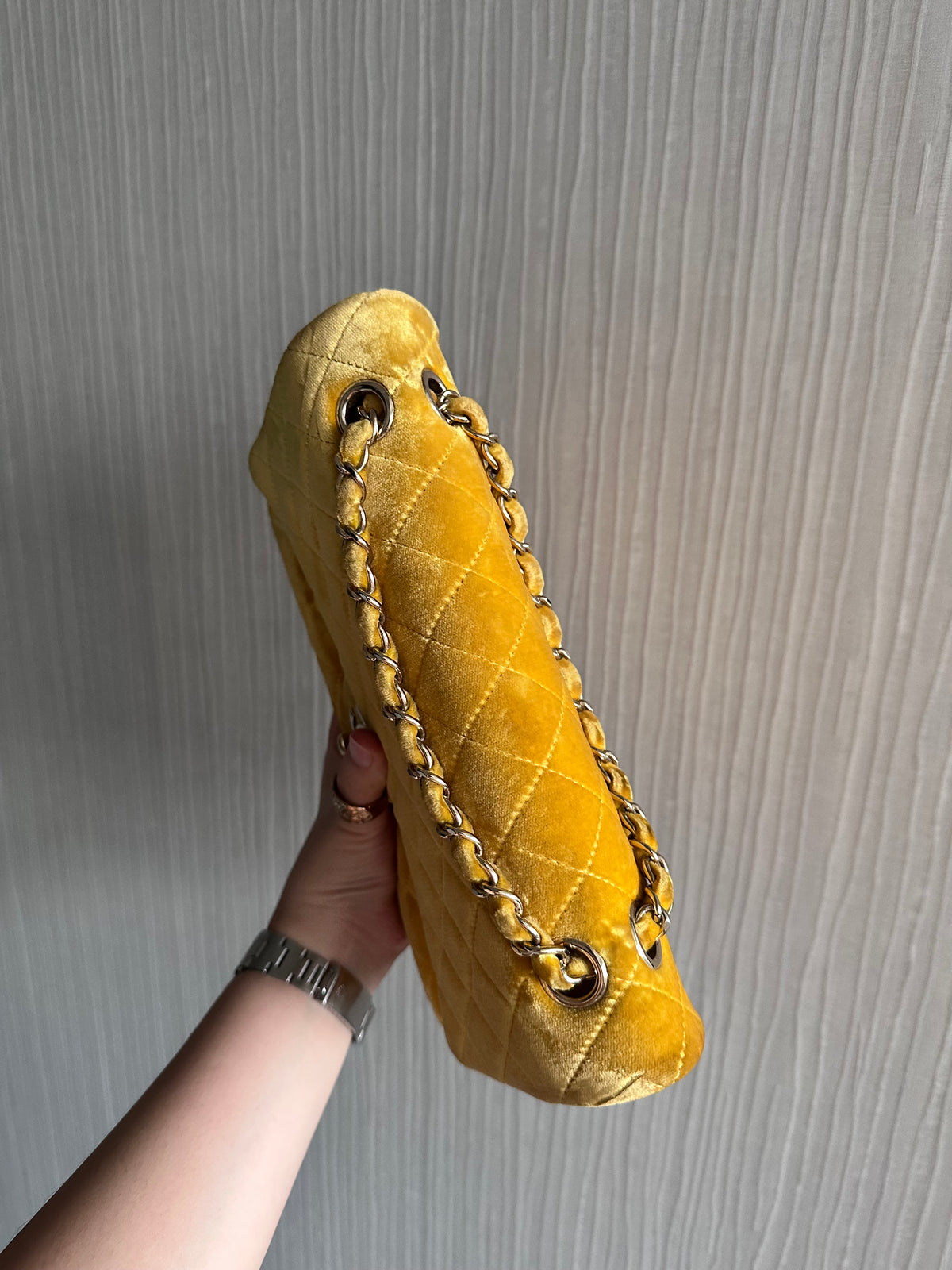 Chanel Medium Classic Flap Yellow Velvet Leather