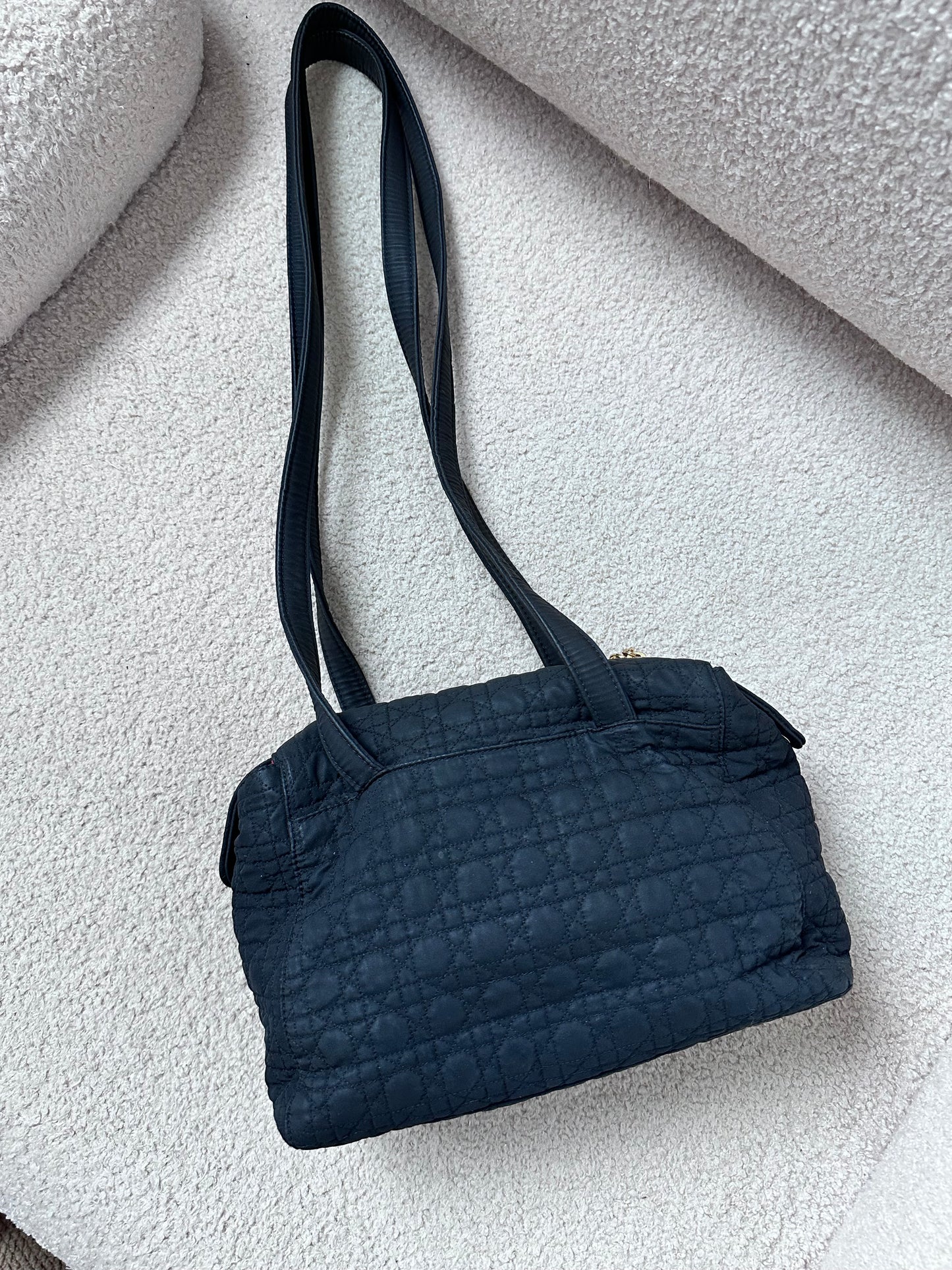 CHRISTIAN DIOR Lady Dior Cannage Preppy Shoulder Camera Tote - Black Nylon / Gold Hardware