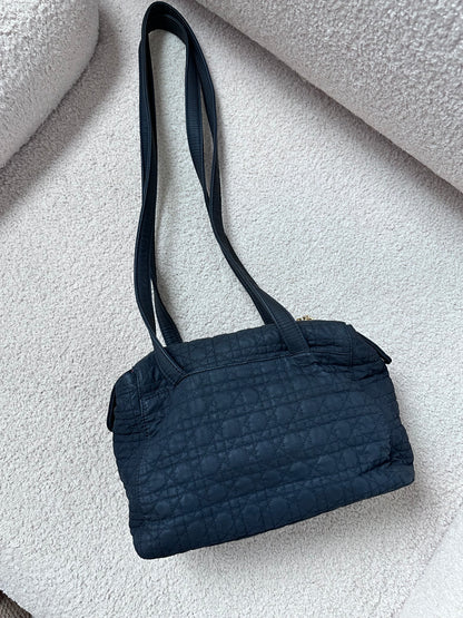 CHRISTIAN DIOR Lady Dior Cannage Preppy Shoulder Camera Tote - Black Nylon / Gold Hardware