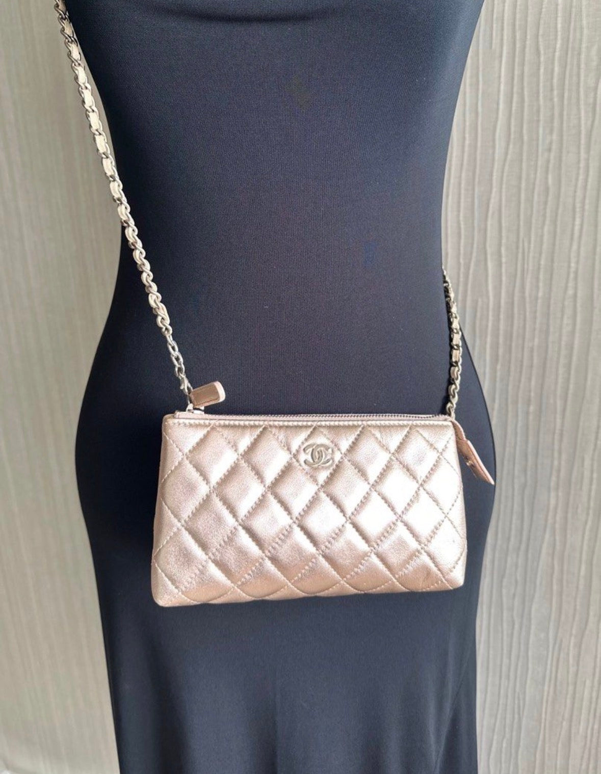 Chanel Quilted O Case Metallic Pink Rose Gold Zip Pouch