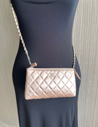 Chanel Quilted O Case Metallic Pink Rose Gold Zip Pouch