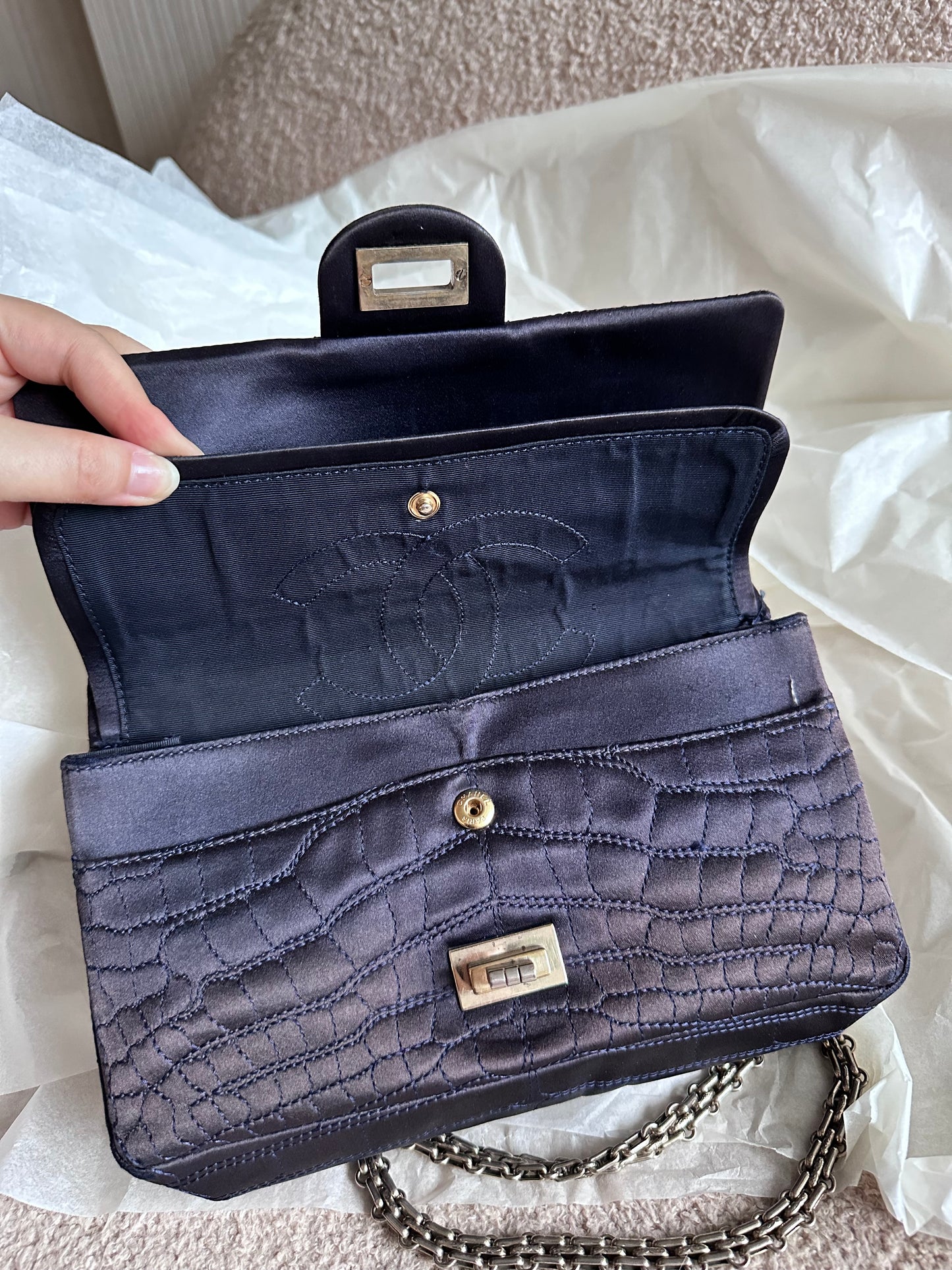 RARE Chanel Croc-Embossed Medium Double Flap 2.55 Reissue - Navy Satin, Fabric