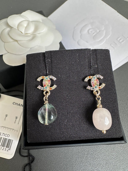 Rare Chanel Rainbow Crystal CC Drop Dangling Earrings