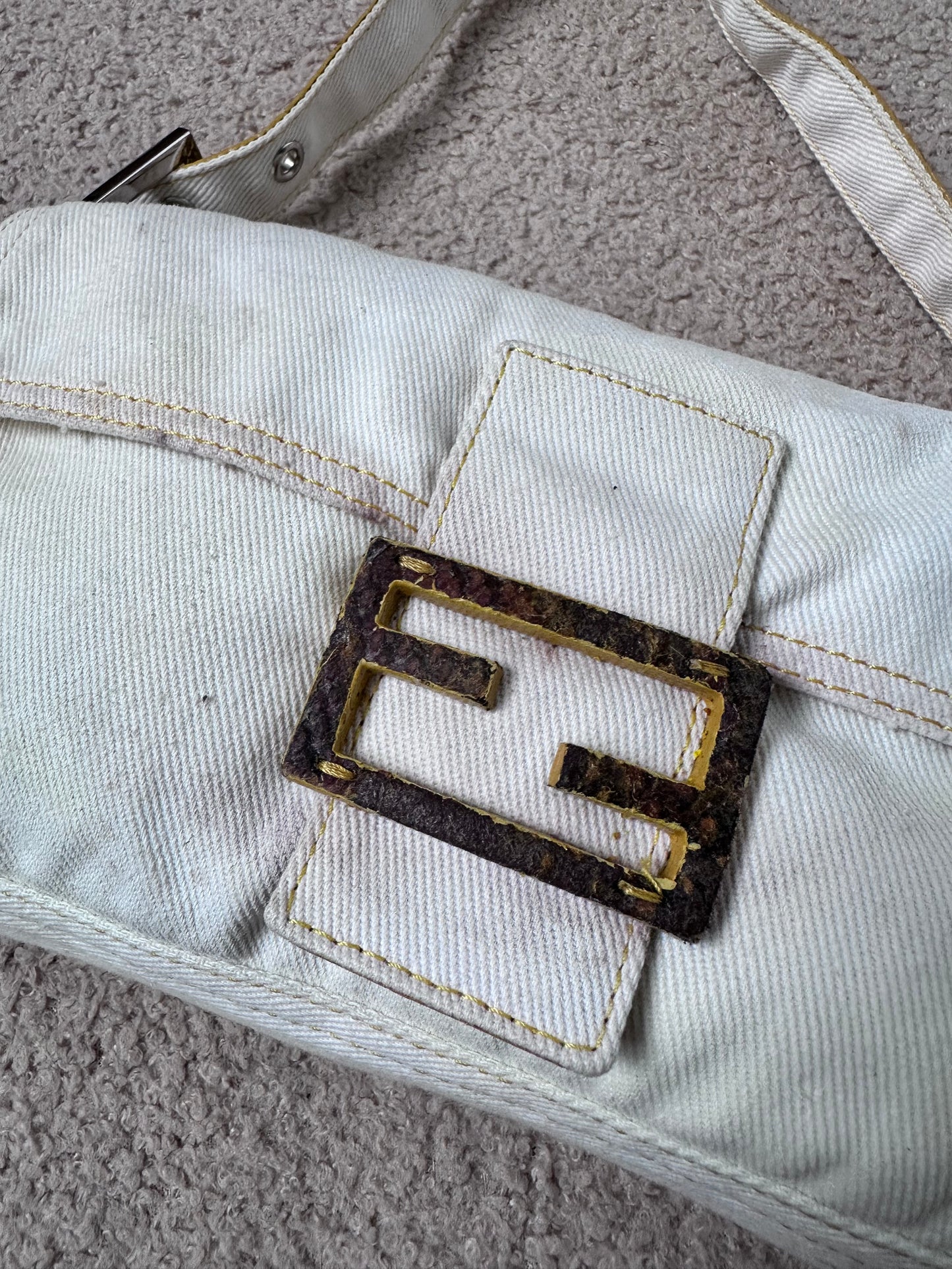 Fendi Yellow Python Trim White Canvas Baguette