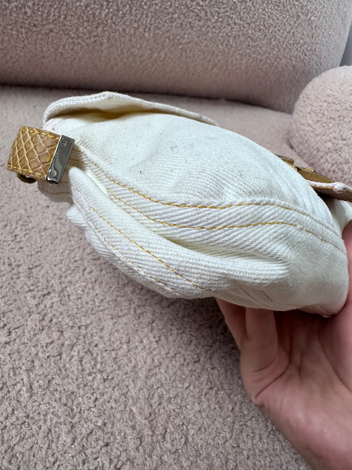 Fendi Yellow Python Trim White Canvas Baguette