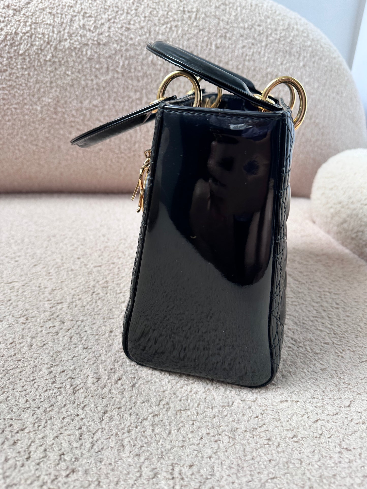 Christian Dior Lady Dior Medium Black Patent Gold Hardware