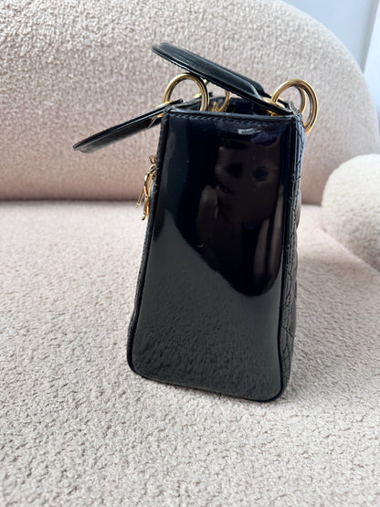 Christian Dior Lady Dior Medium Black Patent Gold Hardware