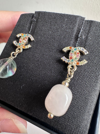 Rare Chanel Rainbow Crystal CC Drop Dangling Earrings