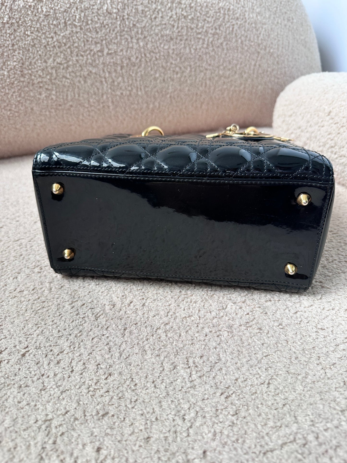 Christian Dior Lady Dior Medium Black Patent Gold Hardware