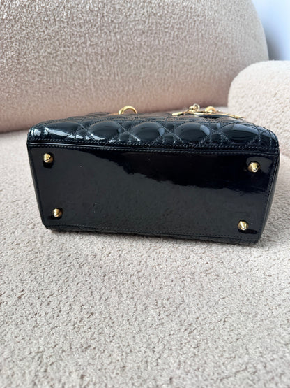 Christian Dior Lady Dior Medium Black Patent Gold Hardware