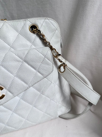 Chanel Caviar Quilted Hobo Shoppers Tote Bag - White / 24K Gold Plated Hardware