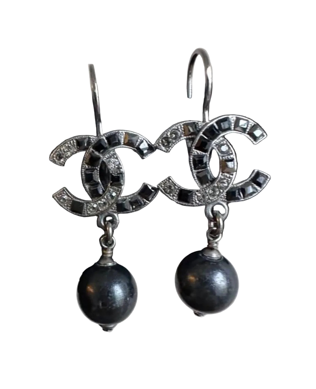 Chanel Classic Black Crystal Pearl Dangling Earrings
