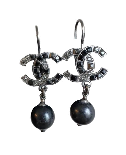 Chanel Classic Black Crystal Pearl Dangling Earrings