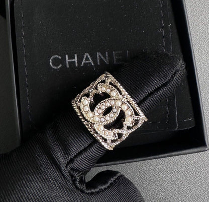 Chanel CC Pearl Mesh Ring Light Gold Hardware