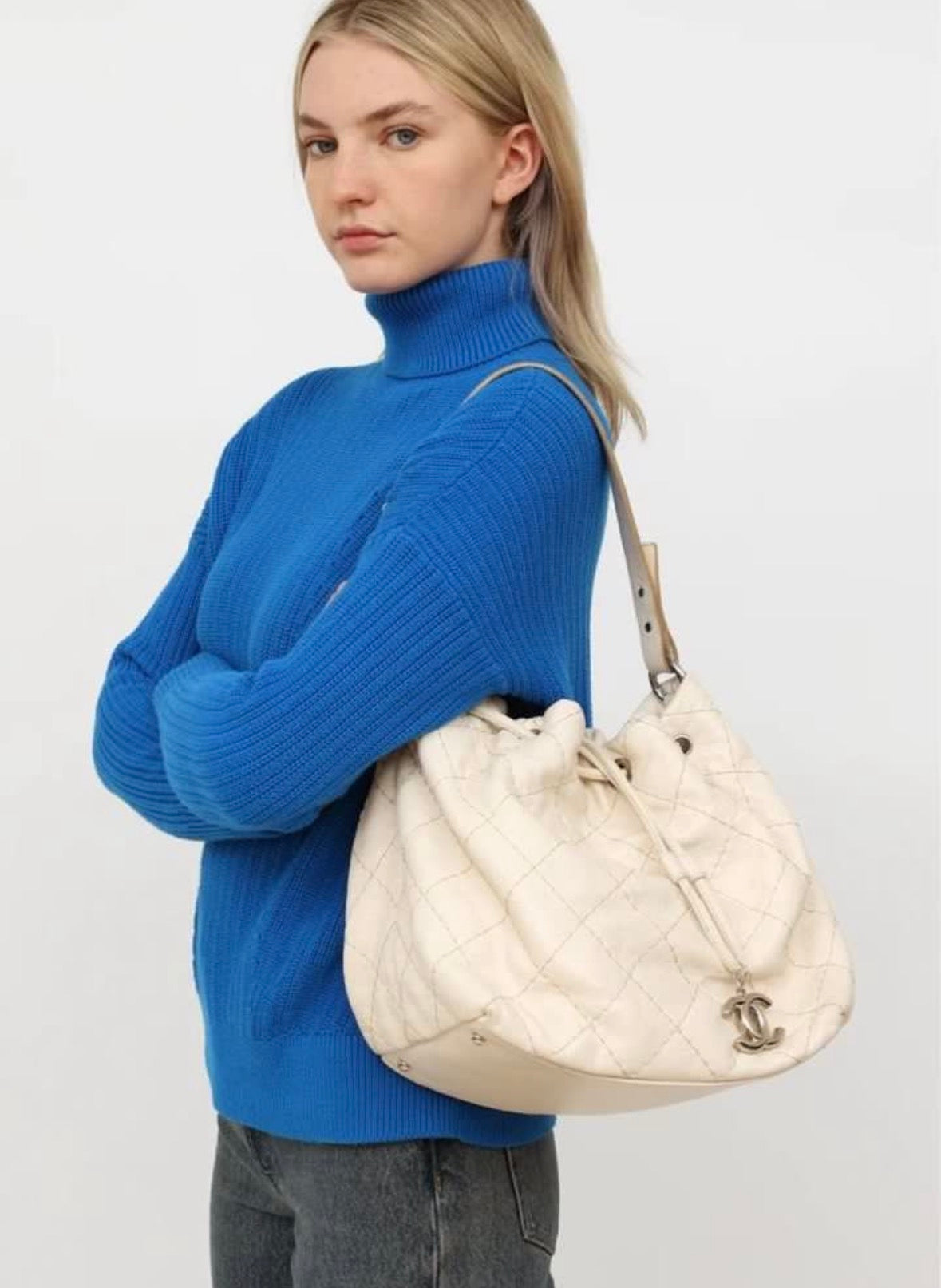 Chanel Maxi Hobo Caviar Bucket Shoulder Bag - Cream Beige / Silver Hardware