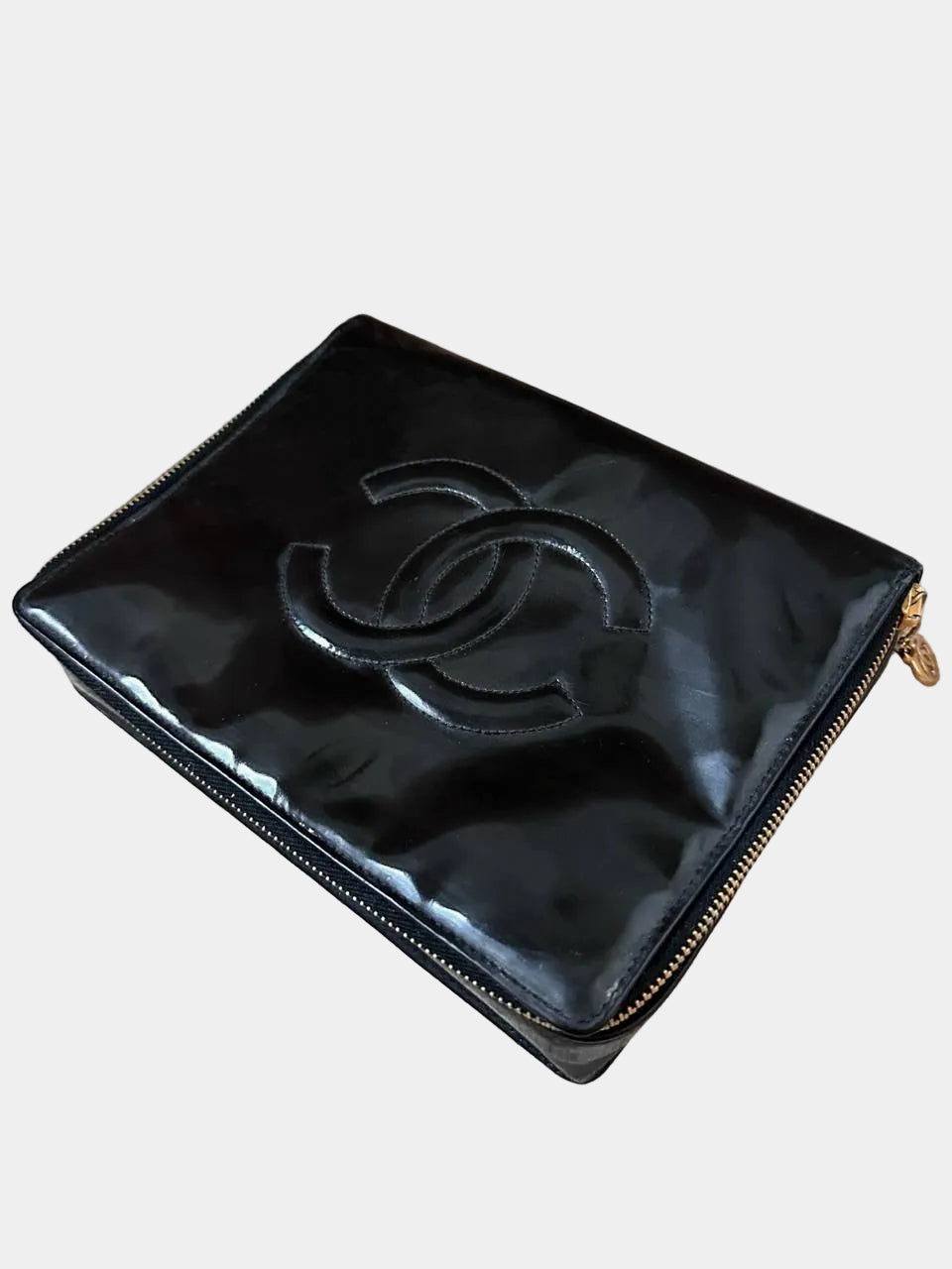RARE Chanel Vintage Vanity Makeup Zip Case Clutch - 24K Gold Plated Hardware / Black Patent