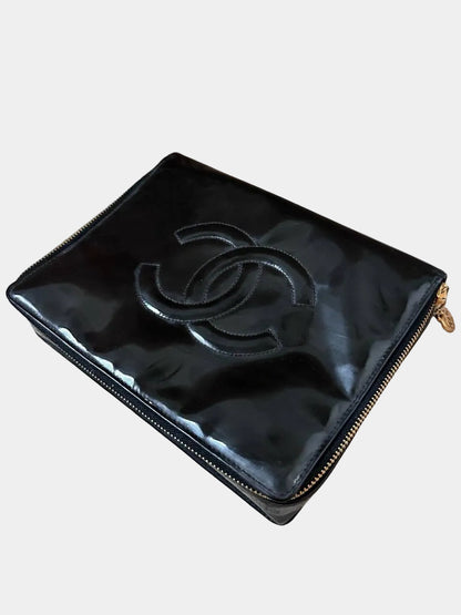 RARE Chanel Vintage Vanity Makeup Zip Case Clutch - 24K Gold Plated Hardware / Black Patent