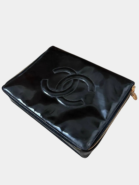 RARE Chanel Vintage Vanity Makeup Zip Case Clutch - 24K Gold Plated Hardware / Black Patent
