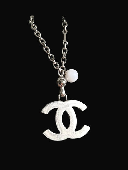 Chanel Logo Bag Charm With Pearl / Silver Hardware